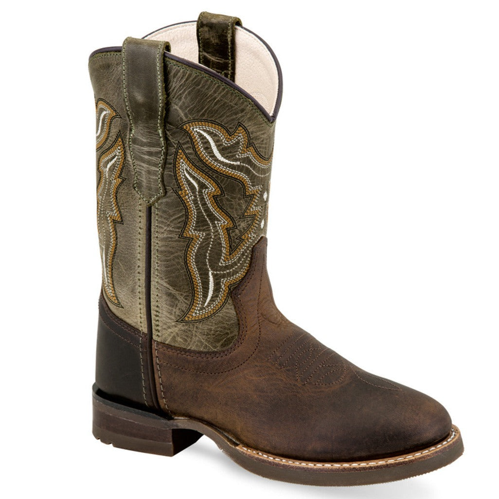 Old West Kids Green/ Brown Round Toe Boot