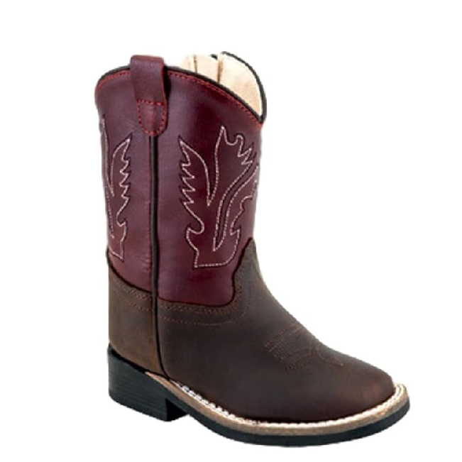 Old West Toddler Distressed Brown and Burgundy Square Toe Boot