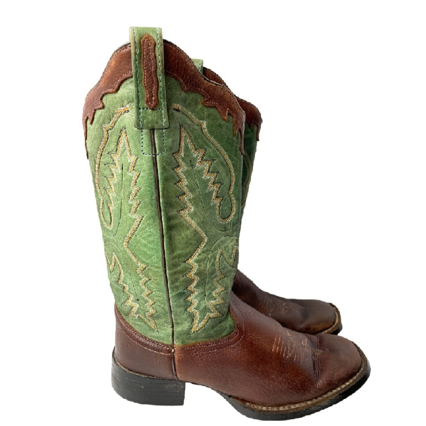 Old West Boys Green Brown Kids Leather Square Toe Western Boot