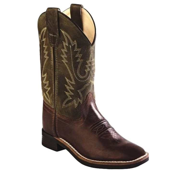 Old West Boys Chocolate Barn wood / Olive Green Boot