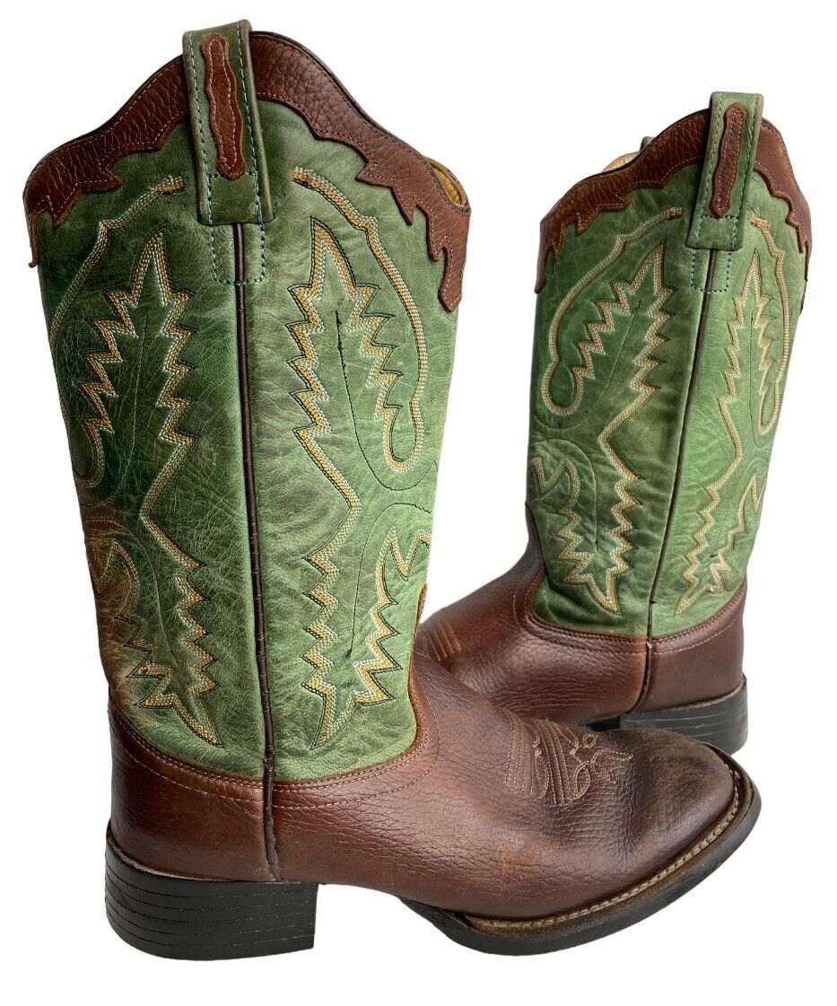 Old West Boys Green Brown Kids Leather Square Toe Western Boot