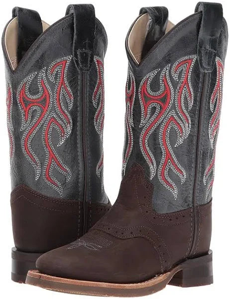 Old West Boys Red Embroidered Black Square Toe Boot