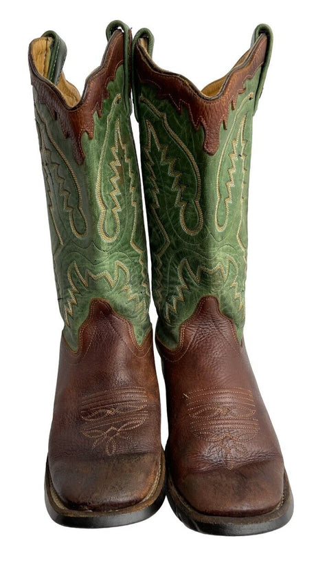 Old West Boys Green Brown Kids Leather Square Toe Western Boot